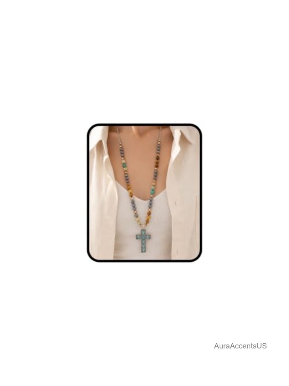 Boho Turquoise Cross Necklace Long Beaded Pendant Silver Tone Statement Jewelry